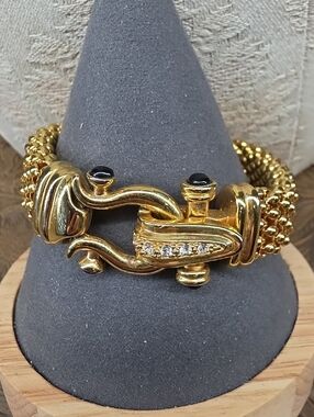 Vintage Gold Popcorn Weave Black Cabochons Crystal Magnet Clasp Bracelet